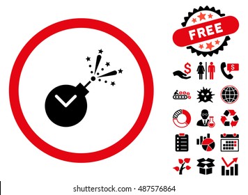 Time Fireworks Charge icon with free bonus symbols. Vector illustration style is flat iconic bicolor symbols, intensive red and black colors, white background.