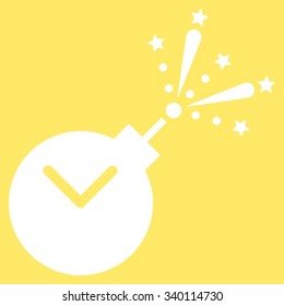 Time Fireworks Charge vector icon. Style is flat symbol, white color, rounded angles, yellow background.