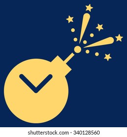 Time Fireworks Charge vector icon. Style is flat symbol, yellow color, rounded angles, blue background.