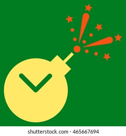 Time Fireworks Charge vector icon. Style is bicolor flat symbol, orange and yellow colors, rounded angles, green background.