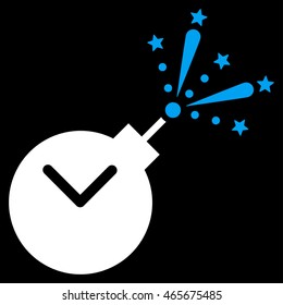 Time Fireworks Charge vector icon. Style is bicolor flat symbol, blue and white colors, rounded angles, black background.