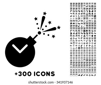 Time Fireworks Charge vector pictogram with additional 300 date and time management icons. Style is flat symbols, black color, rounded angles, white background.