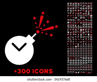 Time Fireworks Charge vector pictogram with additional 300 date and time management icons. Style is bicolor flat symbols, red and white colors, rounded angles, black background.