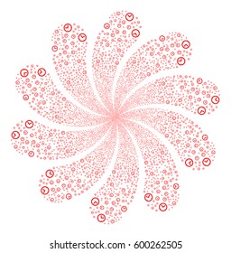 Time fireworks swirl flower with ten petals. Vector illustration style is flat red scattered symbols. Object whirl done from random pictographs.