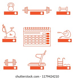 Time to fitness. 2019 fitness concept with sports equipment. Healthy lifestyle. Calendar, weight, barbell, dumbbells, jumpers, treadmill, pool, exercise bike.