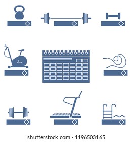 Time to fitness. 2019 fitness concept with sports equipment. Healthy lifestyle. Calendar, weight, barbell, dumbbells, jumpers, treadmill, pool, exercise bike.