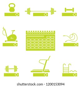 Time to fitness. 2019 fitness concept with sports equipment. Healthy lifestyle. Calendar, weight, barbell, dumbbells, jumpers, treadmill, pool, exercise bike.