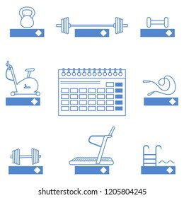 Time to fitness. 2019 fitness concept with sports equipment. Healthy lifestyle. Calendar, weight, barbell, dumbbells, jumpers, treadmill, pool, exercise bike.