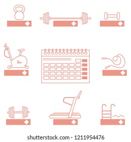 Time to fitness. 2019 fitness concept with sports equipment. Healthy lifestyle. Calendar, weight, barbell, dumbbells, jumpers, treadmill, pool, exercise bike.