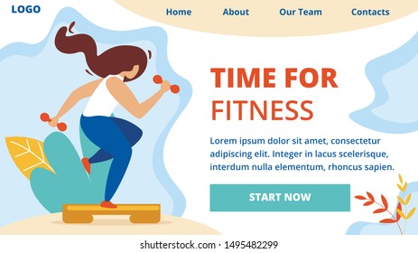 Time for Fitness Horizontal Banner. Healthy Lifestyle Outdoor Sport Activity, Girl Engaged in Active Fitness Sports Cardio Training with Dumbbells on Sports Platform Cartoon Flat Vector Illustration
