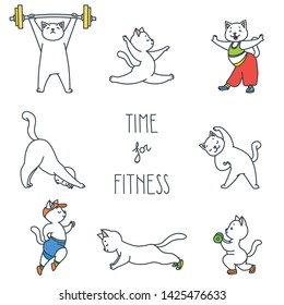 Time for fitness. Illustration of cute white cats doing exercises isolated on white background. Vector 8 EPS.