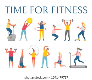 Time for fitness, people doing fitness with sport items. Ball and exercise bike, big hula hoop, heavy weight or dumbbells, running track, healthy vector