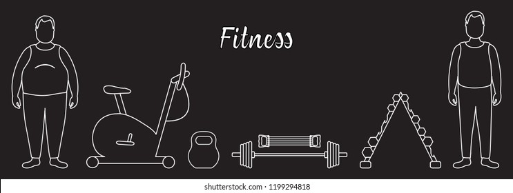 Time to fitness and sports. Healthy lifestyle. Men involved in sports. Slimming. Sports equipment: exercise bike, expander, barbell, dumbbells, kettlebell.