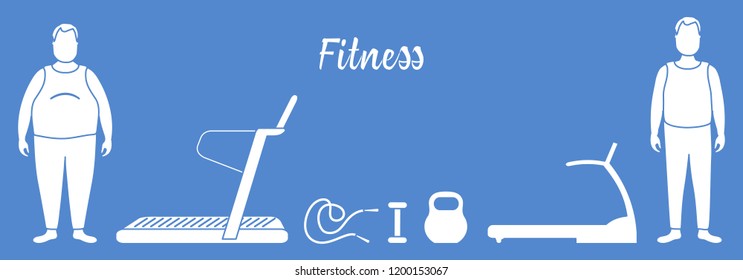 Time to fitness and sports. Healthy lifestyle. Men involved in sports. Slimming. Sports equipment: treadmills, skipping pins, dumbbells, kettlebell.