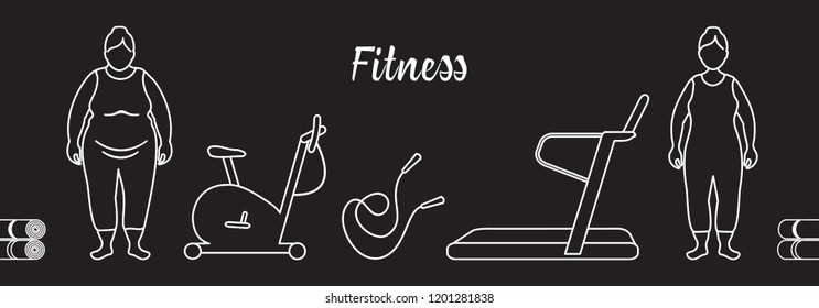 Time to fitness and sports. Healthy lifestyle. Women involved in sports. Slimming. Sports equipment: yoga mats, treadmill, exercise bike, skipping pins.
