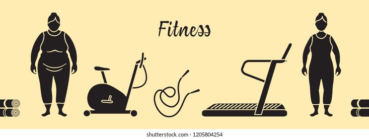 Time to fitness and sports. Healthy lifestyle. Women involved in sports. Slimming. Sports equipment: yoga mats, treadmill, exercise bike, skipping pins.