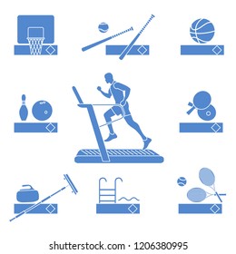 Time to fitness and sports. Healthy lifestyle. Running track with running man. Equipment for playing games and team sports.