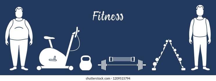Time to fitness and sports. Healthy lifestyle. Men involved in sports. Slimming. Sports equipment: exercise bike, expander, barbell, dumbbells, kettlebell.