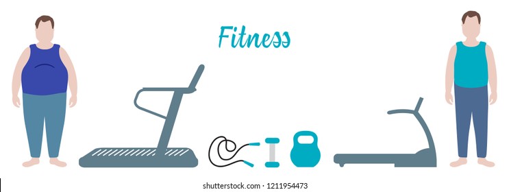 Time to fitness and sports. Healthy lifestyle. Men involved in sports. Slimming. Sports equipment: treadmills, skipping pins, dumbbells, kettlebell.