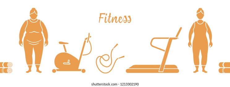 Time to fitness and sports. Healthy lifestyle. Women involved in sports. Slimming. Sports equipment: yoga mats, treadmill, exercise bike, skipping pins.