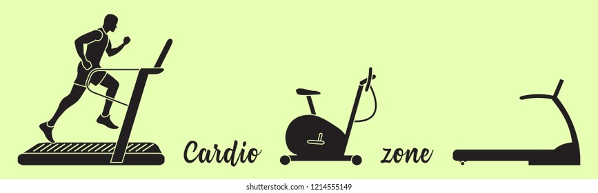 Time to fitness and sports. Healthy lifestyle. Man involved in sports, treadmills, exercise bike.