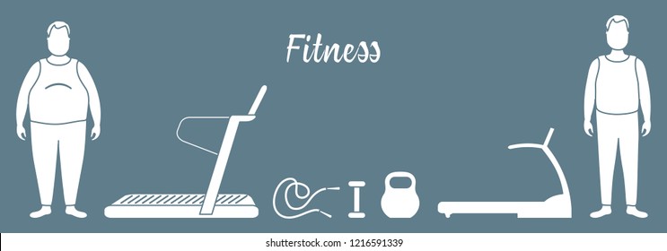 Time to fitness and sports. Healthy lifestyle. Men involved in sports. Slimming. Sports equipment: treadmills, skipping pins, dumbbells, kettlebell.
