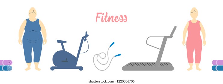 Time to fitness and sports. Healthy lifestyle. Women involved in sports. Slimming. Sports equipment: yoga mats, treadmill, exercise bike, skipping pins.