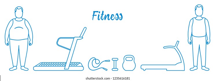 Time to fitness and sports. Healthy lifestyle. Men involved in sports. Slimming. Sports equipment: treadmills, skipping pins, dumbbells, kettlebell.
