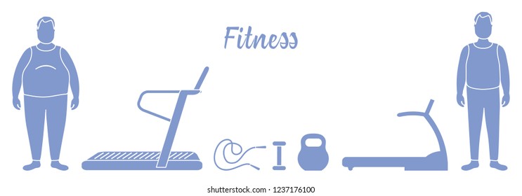 Time to fitness and sports. Healthy lifestyle. Men involved in sports. Slimming. Sports equipment: treadmills, skipping pins, dumbbells, kettlebell.