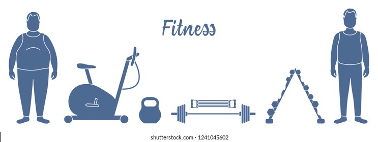 Time to fitness and sports. Healthy lifestyle. Men involved in sports. Slimming. Sports equipment: exercise bike, expander, barbell, dumbbells, kettlebell.