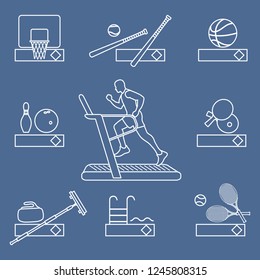Time to fitness and sports. Healthy lifestyle. Running track with running man. Equipment for playing games and team sports.