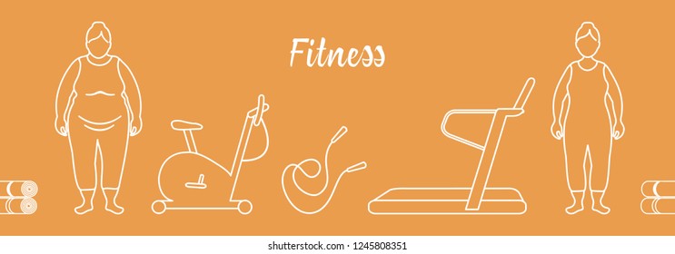 Time to fitness and sports. Healthy lifestyle. Women involved in sports. Slimming. Sports equipment: yoga mats, treadmill, exercise bike, skipping pins.