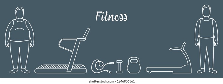 Time to fitness and sports. Healthy lifestyle. Men involved in sports. Slimming. Sports equipment: treadmills, skipping pins, dumbbells, kettlebell.