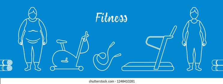 Time to fitness and sports. Healthy lifestyle. Women involved in sports. Slimming. Sports equipment: yoga mats, treadmill, exercise bike, skipping pins.