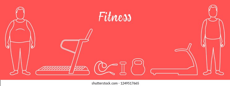 Time to fitness and sports. Healthy lifestyle. Men involved in sports. Slimming. Sports equipment: treadmills, skipping pins, dumbbells, kettlebell.