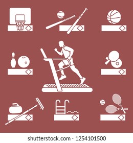 Time to fitness and sports. Healthy lifestyle. Running track with running man. Equipment for playing games and team sports.