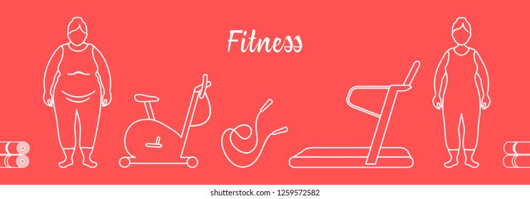 Time to fitness and sports. Healthy lifestyle. Women involved in sports. Slimming. Sports equipment: yoga mats, treadmill, exercise bike, skipping pins.