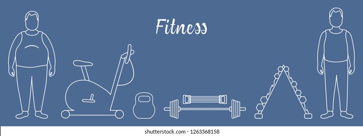 Time to fitness and sports. Healthy lifestyle. Men involved in sports. Slimming. Sports equipment: exercise bike, expander, barbell, dumbbells, kettlebell.