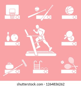 Time to fitness and sports. Healthy lifestyle. Running track with running man. Equipment for playing games and team sports.