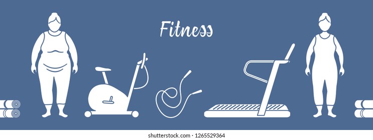 Time to fitness and sports. Healthy lifestyle. Women involved in sports. Slimming. Sports equipment: yoga mats, treadmill, exercise bike, skipping pins.