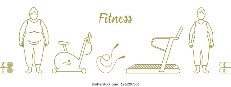 Time to fitness and sports. Healthy lifestyle. Women involved in sports. Slimming. Sports equipment: yoga mats, treadmill, exercise bike, skipping pins.