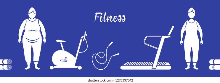 Time to fitness and sports. Healthy lifestyle. Women involved in sports. Slimming. Sports equipment: yoga mats, treadmill, exercise bike, skipping pins.