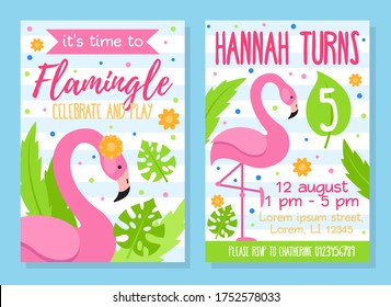 Time to flamingle celebrate and play invitation template vector illustration. Kid turns five flat style. Address information for party. Happy bday concept. Isolated on blue background