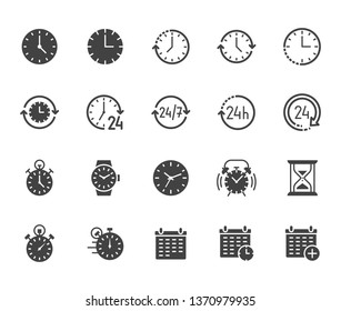 Time flat glyph icons set. Alarm clock, stopwatch, timer, sand glass, day and night, calendar vector illustrations. Signs for productivity management. Solid silhouette pixel perfect 64x64.