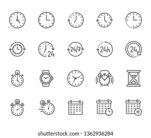 Time flat line icons set. Alarm clock, stopwatch, timer, sand glass, day and night, calendar vector illustrations. Thin signs for productivity management. Pixel perfect 64x64. Editable Strokes.