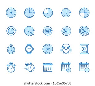 Time flat line icons set. Alarm clock, stopwatch, timer, sand glass, day and night, calendar vector illustrations. Thin signs for productivity management. Pixel perfect 64x64. Editable Strokes.