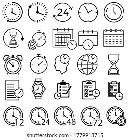 Iconos de línea plana de tiempo. Reloj de alarma, cronómetro, cronómetro, vidrio de arena, día y noche, ilustraciones de vectores de calendario. 
Señales delgadas para la gestión de la productividad.