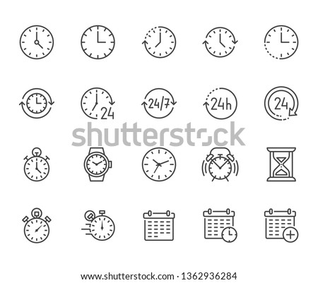 Time flat line icons set. Alarm clock, stopwatch, timer, sand glass, day and night, calendar vector illustrations. Thin signs for productivity management. Pixel perfect 64x64. Editable Strokes.
