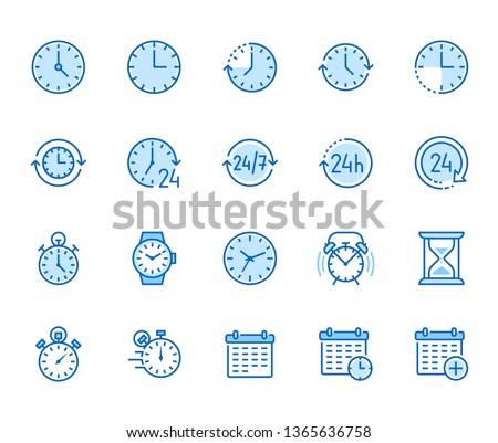 Time flat line icons set. Alarm clock, stopwatch, timer, sand glass, day and night, calendar vector illustrations. Thin signs for productivity management. Pixel perfect 64x64. Editable Strokes.