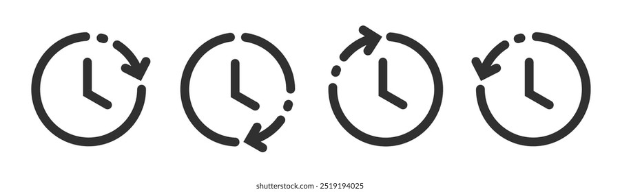 Tempo flexível inverso ícone de avanço vetor, delay temporizador de início pictograma simples símbolo gráfico conjunto, temporizador curto do histórico retrorelógio relógio hora período seta linha traço contorno imagem clip art